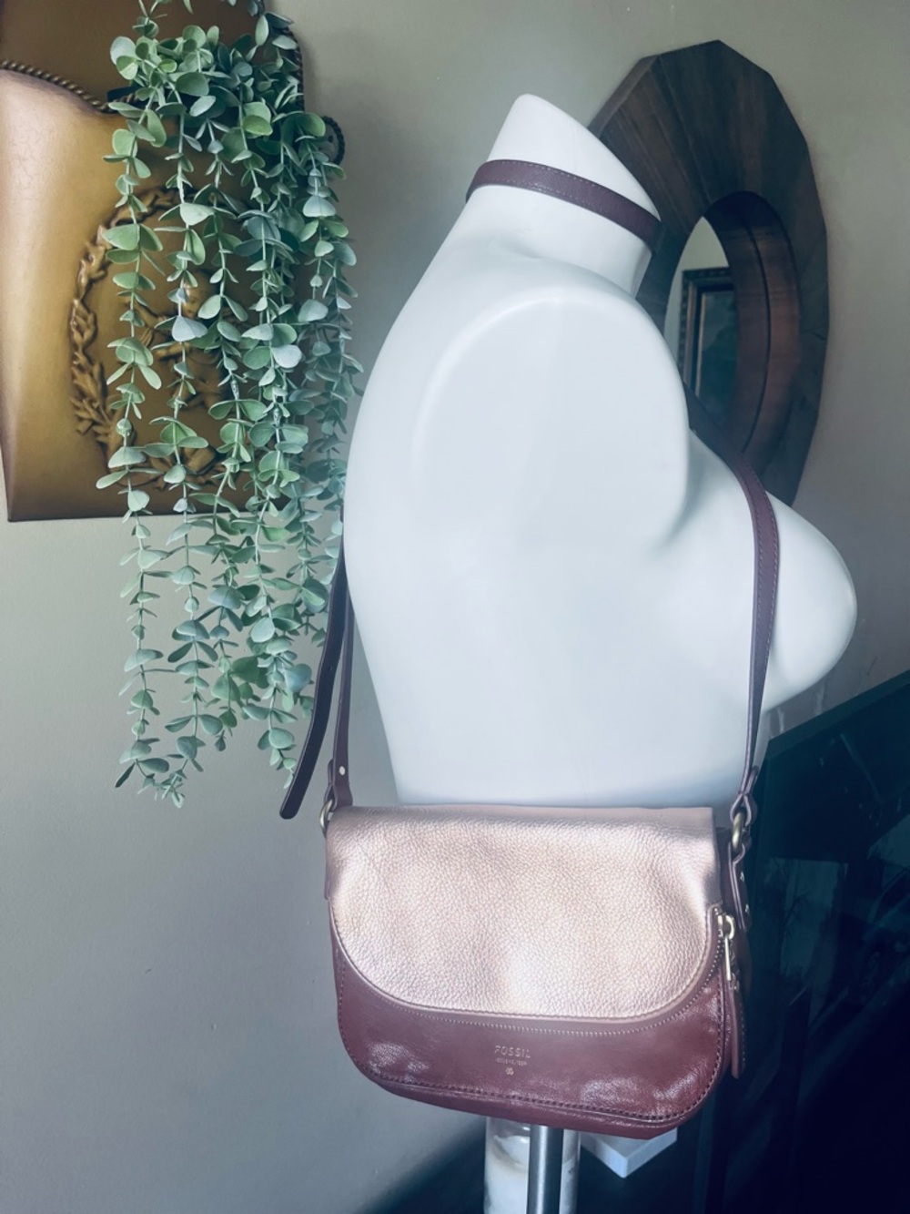 Fossil Rose Gold and Brown Leather Crossbody Bag